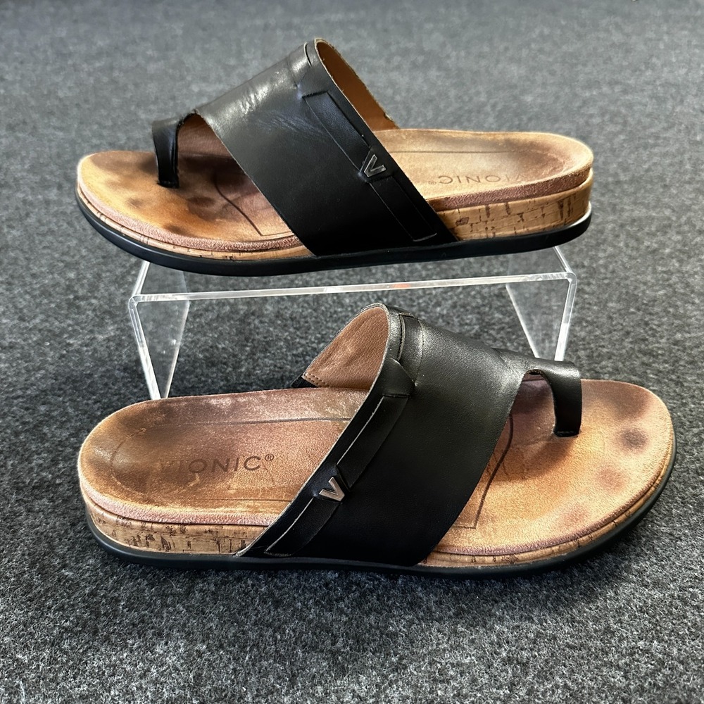 Vionic Cindy Toe Loop Sandal Womens 8.5 Black Leather Wedge Comfort Casual